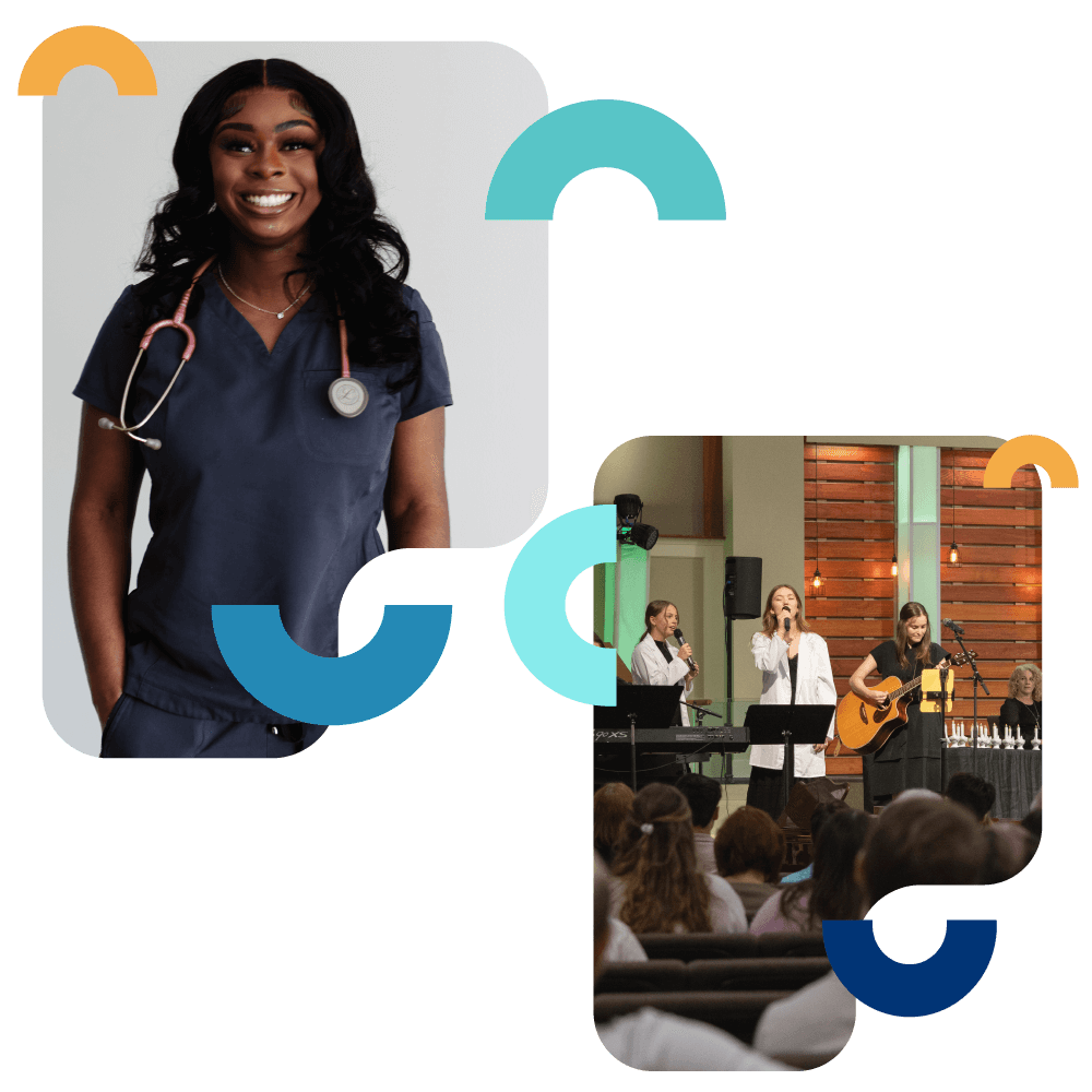 Image of young nurse smiling. Second photo showing nurses worshiping.